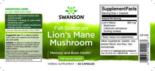 Swanson Süngomba Lion's mane kapszula 500 mg 60 kapszula