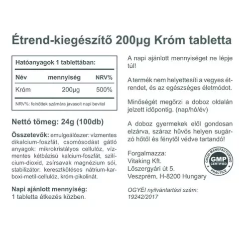 Vitaking Króm pikolinát 25mg Chromium 100 tabletta
