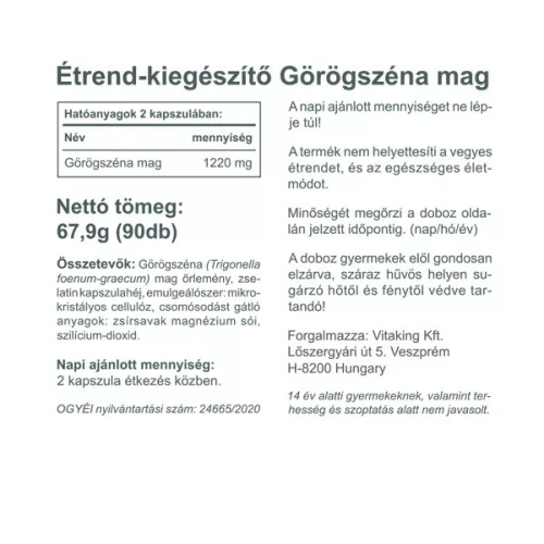 Vitaking Görögszéna mag (Fenugreek Seed) 1220mg, 90 kapszula