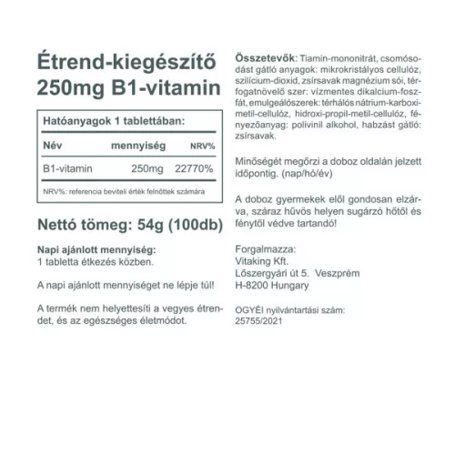 Vitaking B1-vitamin 250mg 100 db tabletta