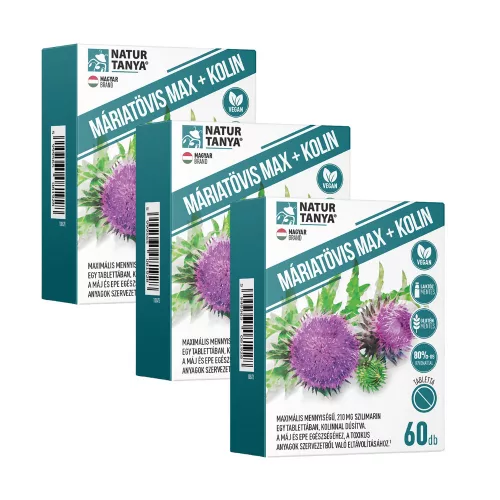 Natur Tanya MÁRIATÖVIS MAX + KOLIN - Maximális mennyiségű szilimarin, kolinnal  3x1 doboz TRIO pack 3x60 db kapszula csomagban olcsóbb!