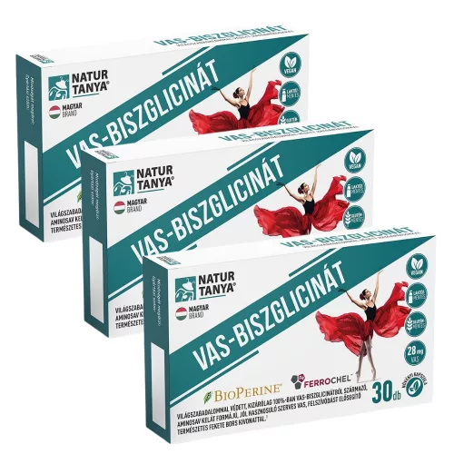 Natur Tanya  Vas - Biszglicinát Világszabadalommal védett vegán vaspótló 3x1 doboz TRIO pack 3x30db kapszula csomagban olcsóbb!