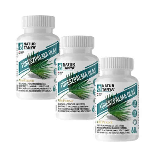 Natur Tanya FŰRÉSZPÁLMA OLAJ (Szabalpálma, Saw palmetto), BioPerine, MCT olaj, természetes E-vitaminok 3x1 doboz TRIO pack 3x60 db kapszula csomagban olcsóbb!