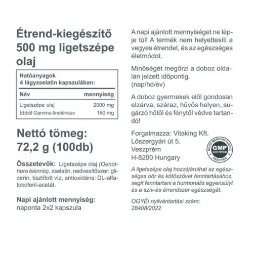 Vitaking Ligetszépe olaj ( Evening Primrose Oil) 500mg 100 kapszula