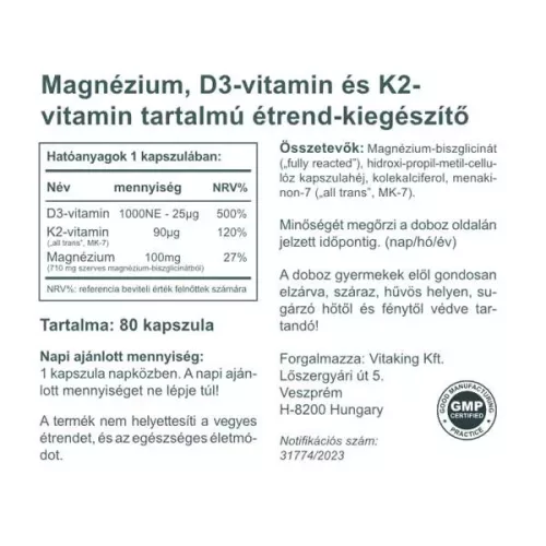 Vitaking MagneTrio  D3+K2+ Magnézium biszglicinát 80 db kapszula