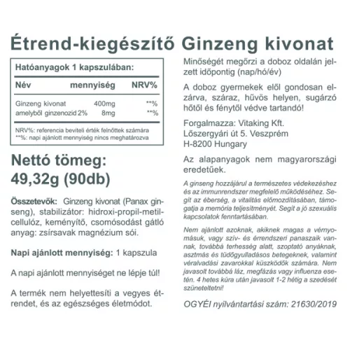 Vitaking Ginzeng kivonat 400mg 90 db kapszula 