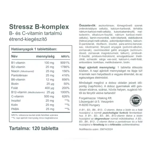 Vitaking Stressz B-komplex aktiv B12 vitaminnal és foláttal 120 vegán tabletta 