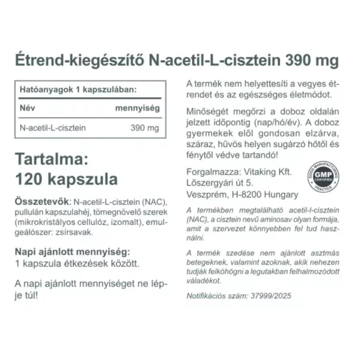 Vitaking NAC-390 mg (N-acetil-L-cisztein) 120 kapszula