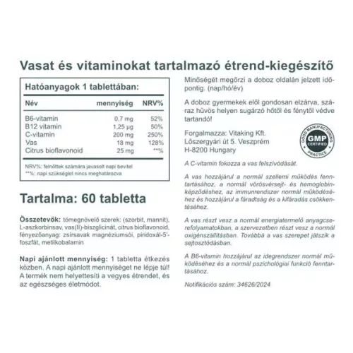 Vitaking Szerves Vas biszglicinát komplex 60 tabletta 18mg