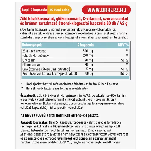 Dr. Herz Zöld Kávé Forte + C-vitamin+Glükomannán 60 kapszula 